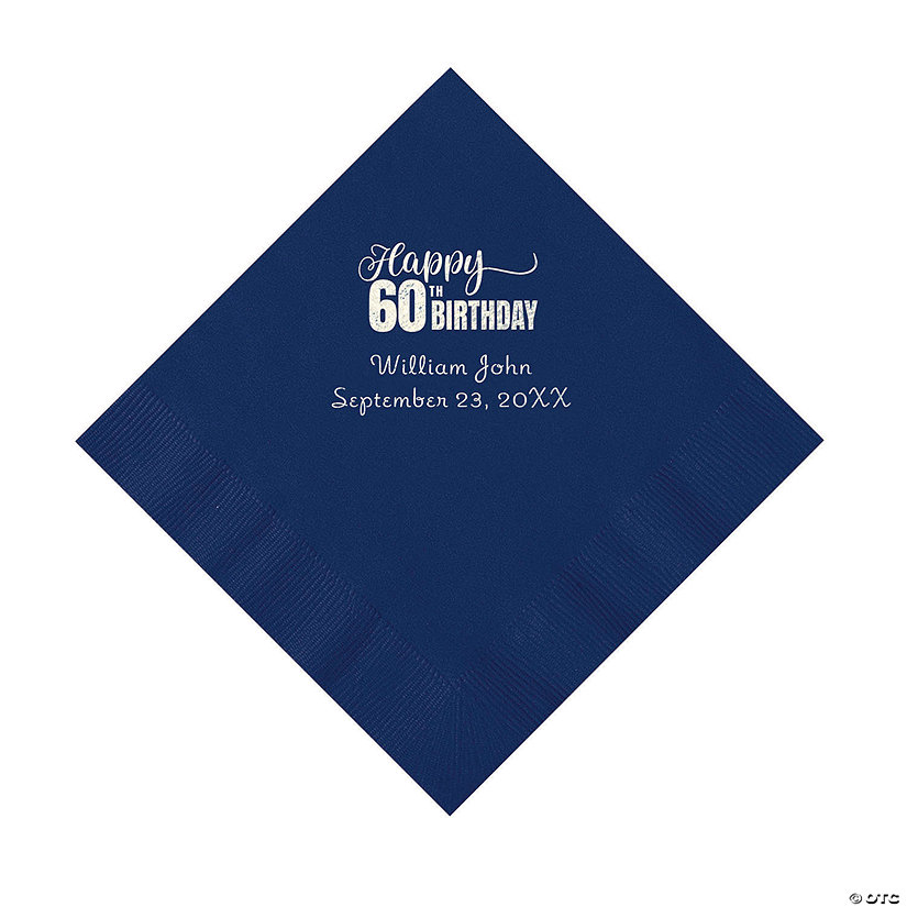 Navy Blue 60th Birthday Personalized Napkins with Silver Foil - 50 Pc. Luncheon Image