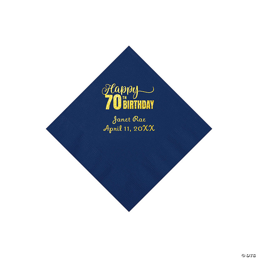 Navy Blue 70th Birthday Personalized Napkins with Gold Foil - 50 Pc. Beverage Image Thumbnail