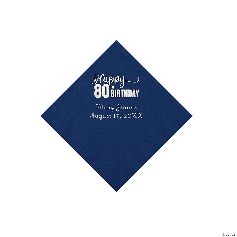 Navy Blue 80th Birthday Personalized Napkins with Silver Foil - 50 Pc. Beverage Image Thumbnail