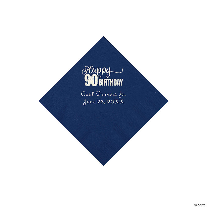Navy Blue 90th Birthday Personalized Napkins with Silver Foil - 50 Pc. Beverage Image