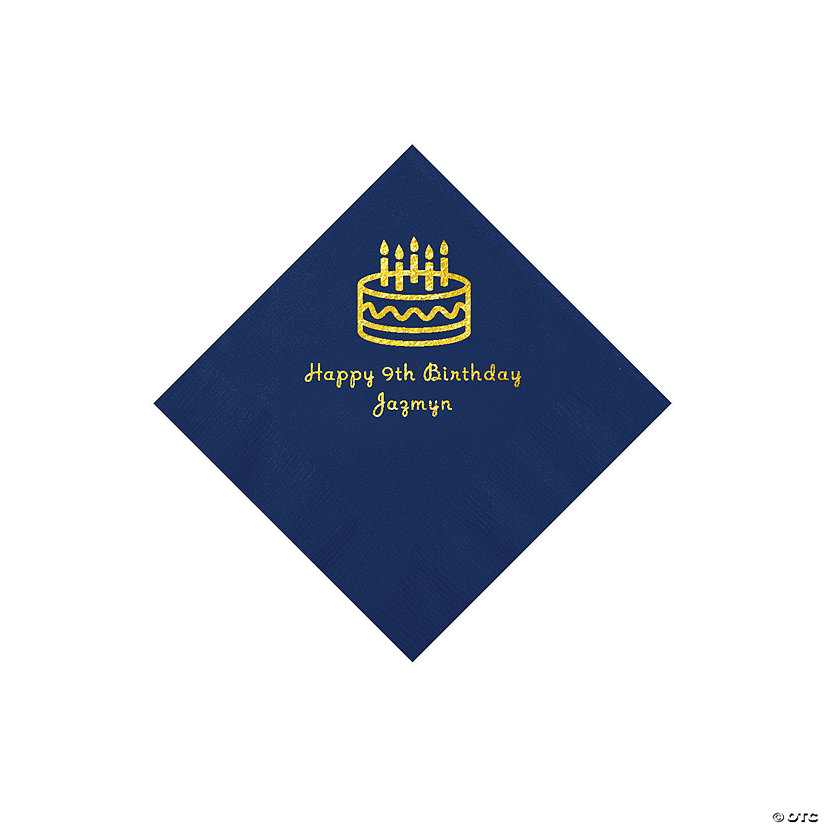 Navy Blue Birthday Cake Personalized Napkins with Gold Foil - 50 Pc. Beverage Image Thumbnail