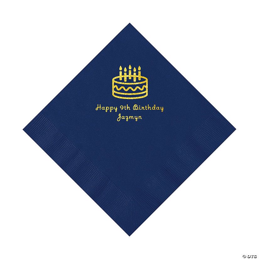 Navy Blue Birthday Cake Personalized Napkins with Gold Foil - 50 Pc. Luncheon Image