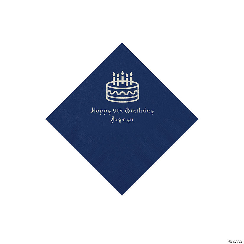 Navy Blue Birthday Cake Personalized Napkins with Silver Foil - 50 Pc. Beverage Image Thumbnail