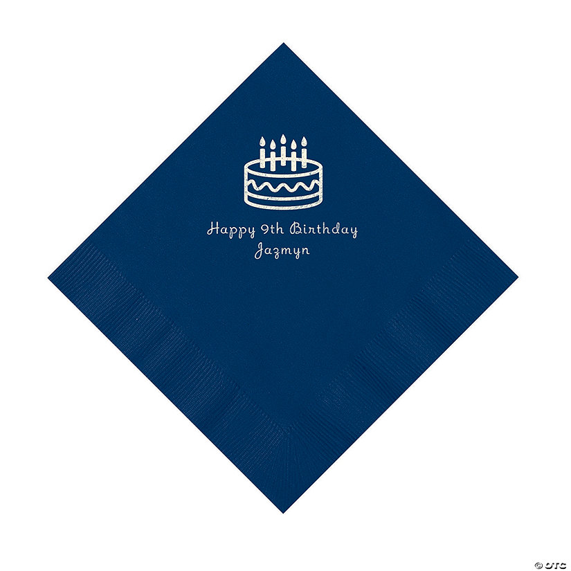 Navy Blue Birthday Cake Personalized Napkins with Silver Foil - 50 Pc. Luncheon Image