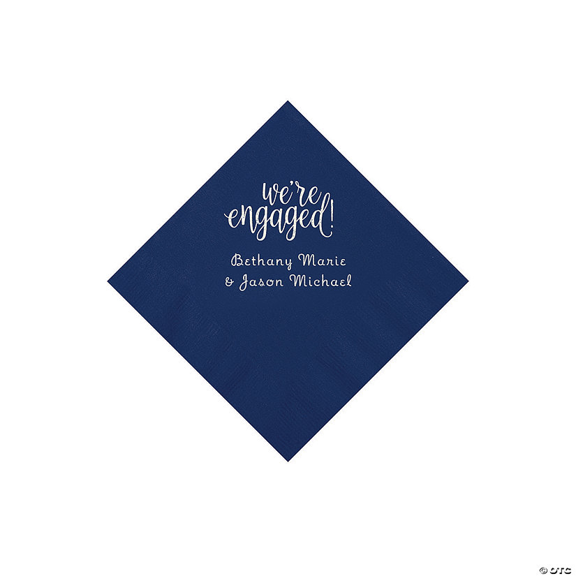 Navy Blue Engaged Personalized Napkins with Silver Foil - Beverage Image Thumbnail