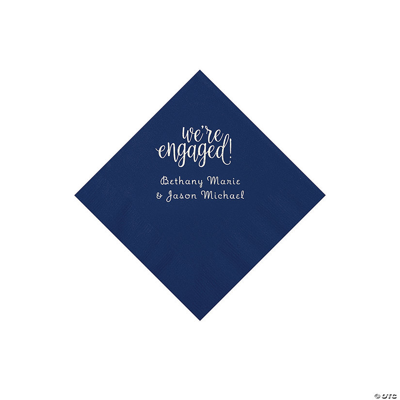 Navy Blue Engaged Personalized Napkins with Silver Foil - Beverage Image