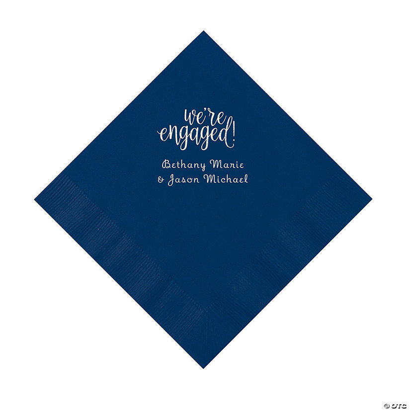 Navy Blue Engaged Personalized Napkins with Silver Foil &#8211; Luncheon Image Thumbnail