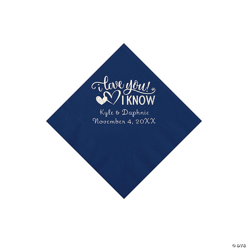 Navy Blue I Love You, I Know Personalized Napkins with Silver Foil - Beverage Image Thumbnail
