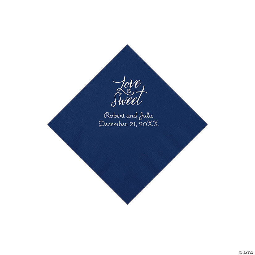 Navy Blue Love Is Sweet Personalized Napkins with Silver Foil - Beverage Image Thumbnail