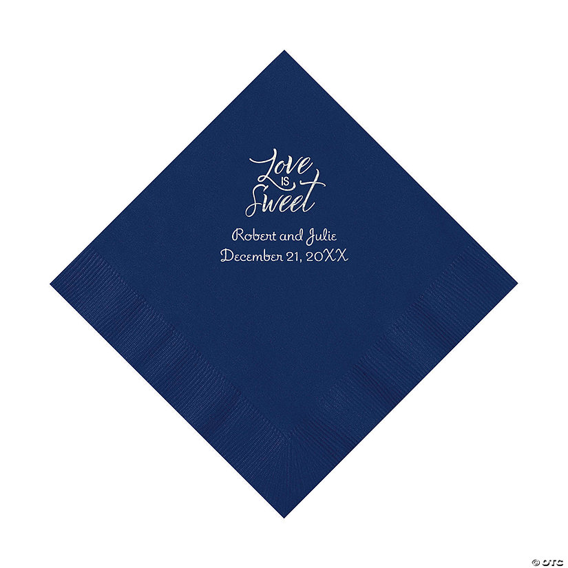 Navy Blue Love Is Sweet Personalized Napkins with Silver Foil &#8211; Luncheon Image Thumbnail
