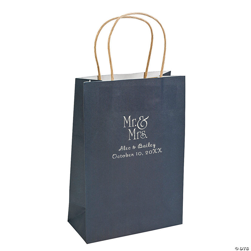 Navy Blue Medium Mr. & Mrs. Personalized Kraft Paper Gift Bags with Silver Foil - 12 Pc. Image Thumbnail