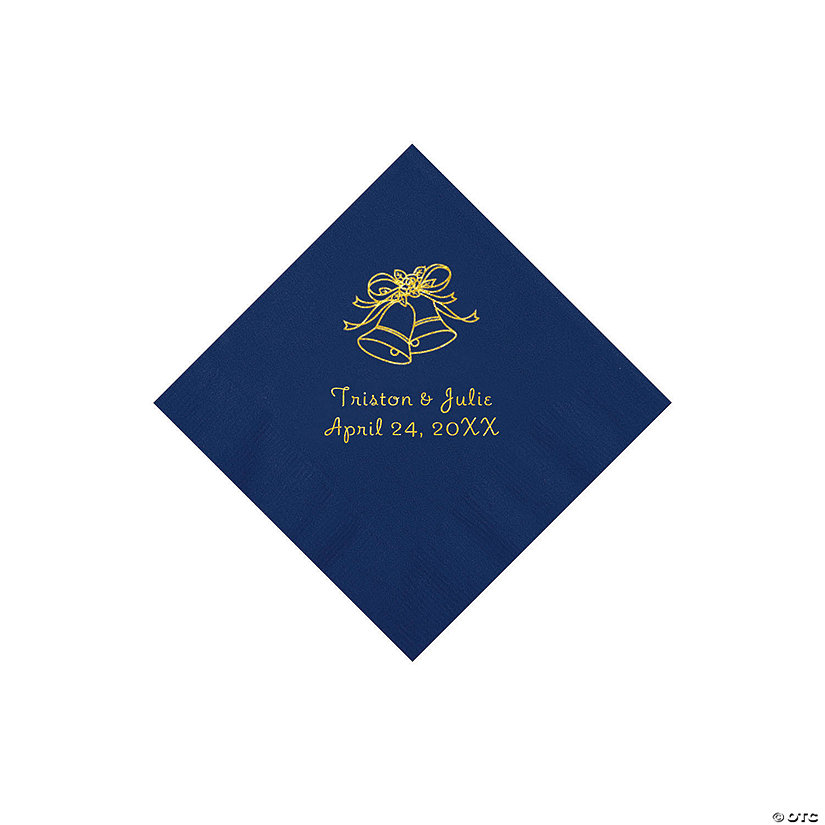 Navy Blue Wedding Bells Personalized Napkins with Gold Foil - Beverage Image Thumbnail