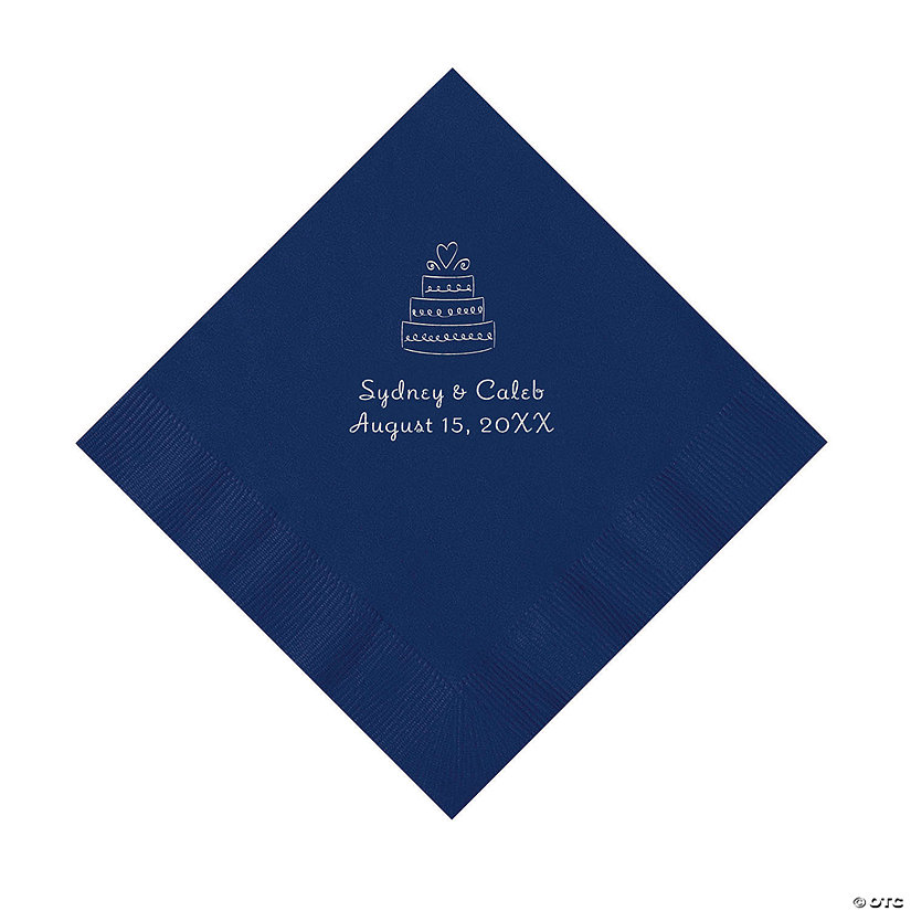 Navy Blue Wedding Cake Personalized Napkins with Silver Foil - 50 Pc. Luncheon Image