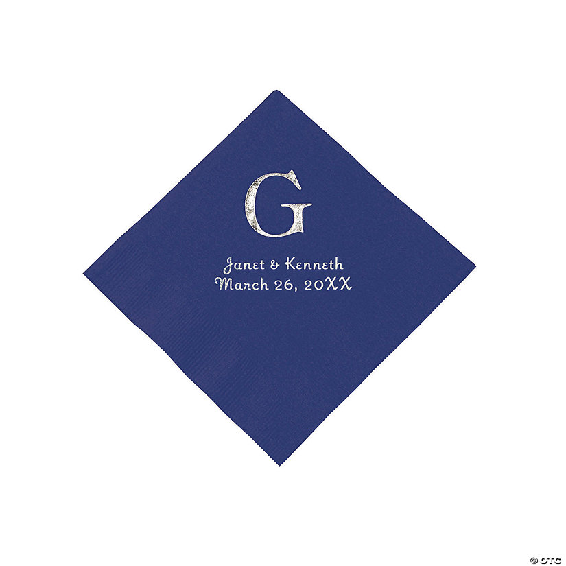 Navy Blue Wedding Monogram Personalized Napkins with Silver Foil - Luncheon Image Thumbnail