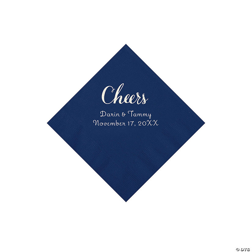 Navy Cheers Personalized Napkins with Silver Foil - Beverage Image Thumbnail