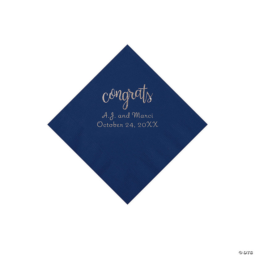 Navy Congrats Personalized Napkins with Silver Foil - Beverage Image