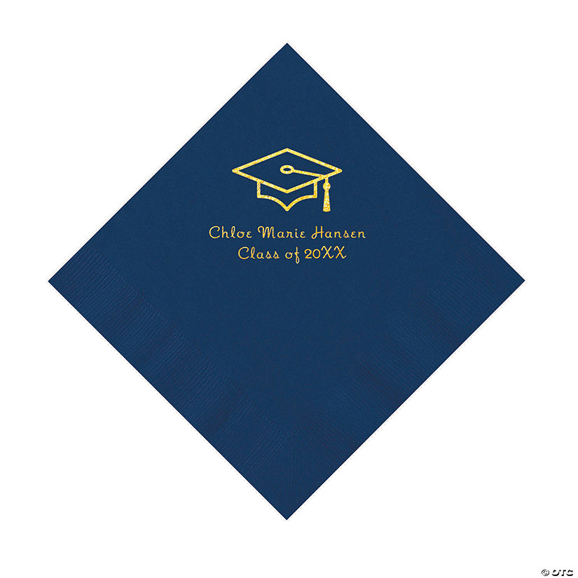 Navy Grad Mortarboard Personalized Napkins with Gold Foil &#8211; 50 Pc. Luncheon Image