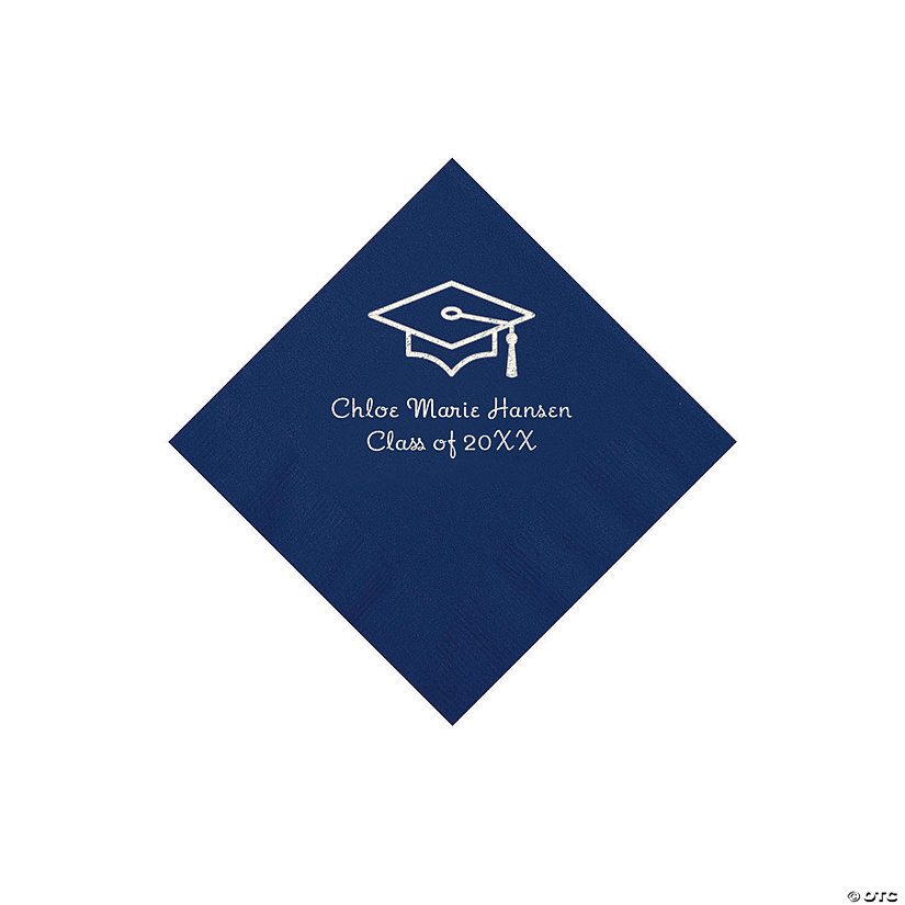 Navy Grad Mortarboard Personalized Napkins with Silver Foil &#8211; 50 Pc. Beverage Image