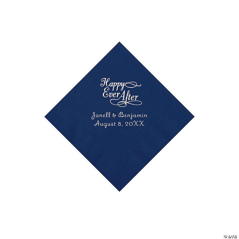 Navy Happy Ever After Personalized Napkins with Silver Foil - Beverage Image Thumbnail