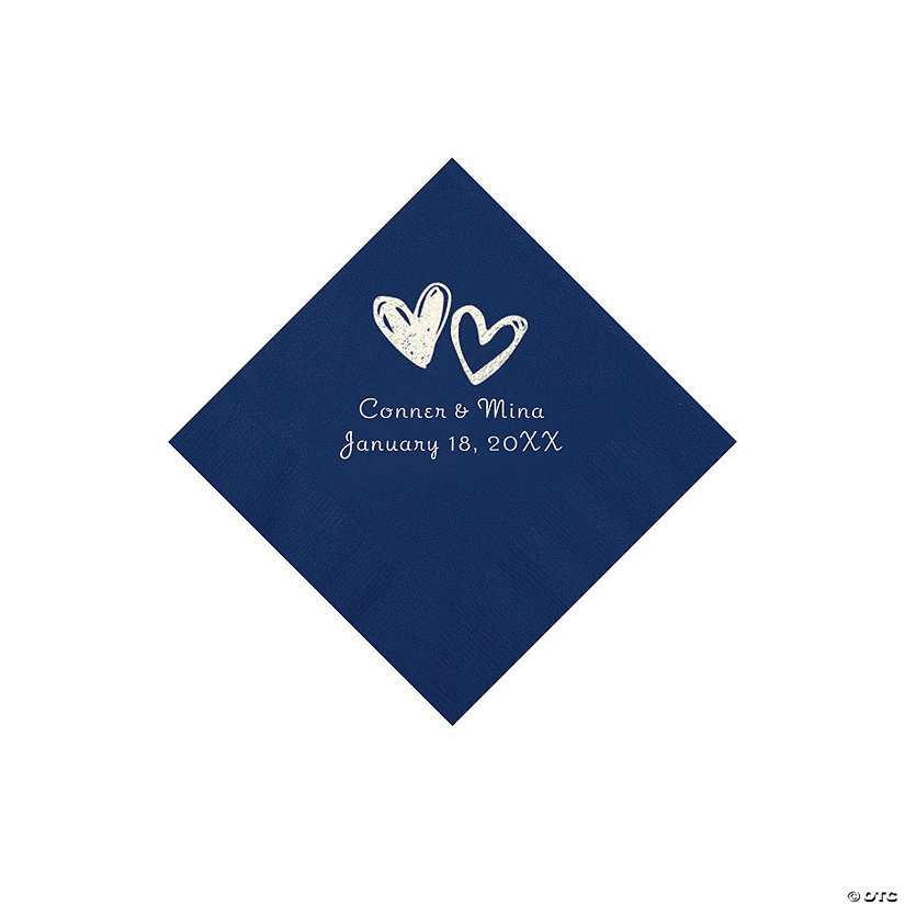 Navy Hearts Personalized Napkins with Silver Foil - Beverage Image Thumbnail