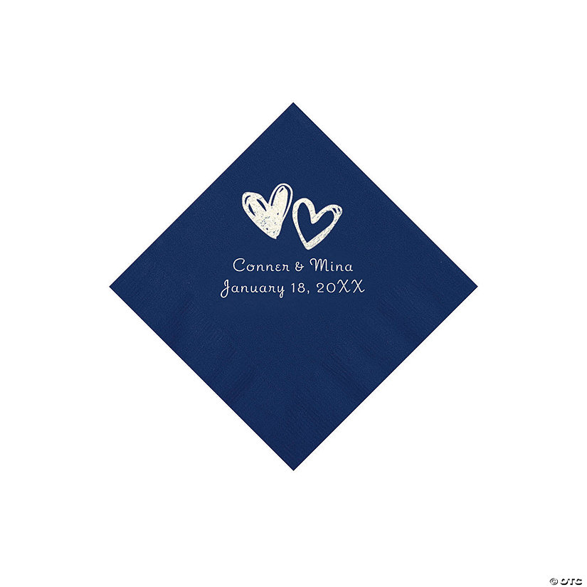 Navy Hearts Personalized Napkins with Silver Foil - Beverage Image