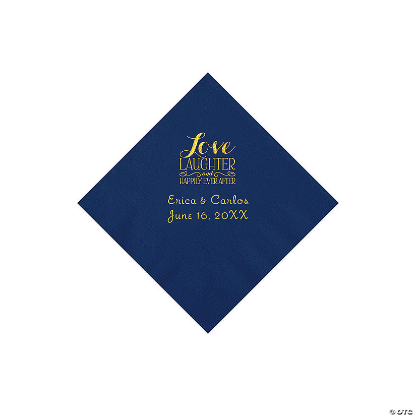 Navy Love Laughter & Happily Ever After Personalized Napkins with Gold Foil - Beverage Image Thumbnail