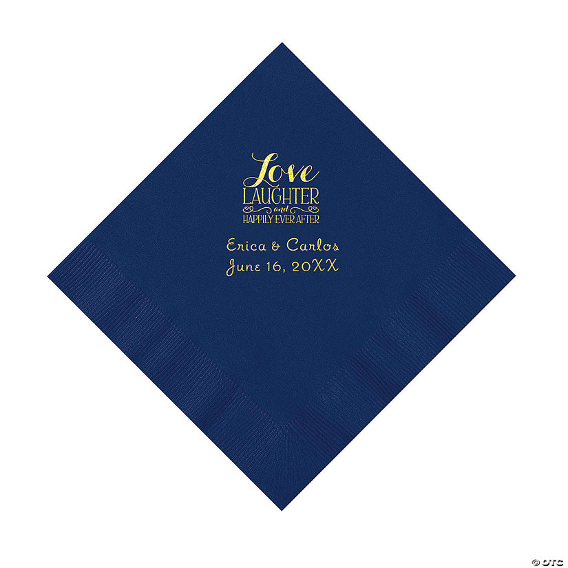 Navy Love Laughter & Happily Ever After Personalized Napkins with Gold Foil - Luncheon Image Thumbnail