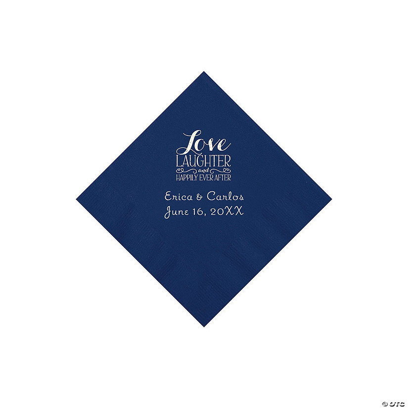 Navy Love Laughter & Happily Ever After Personalized Napkins with Silver Foil - Beverage Image Thumbnail