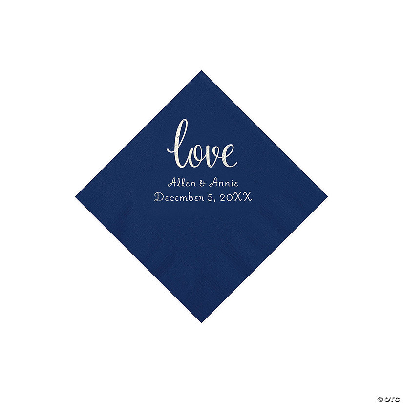 Navy Love Script Personalized Napkins with Silver Foil - Beverage Image