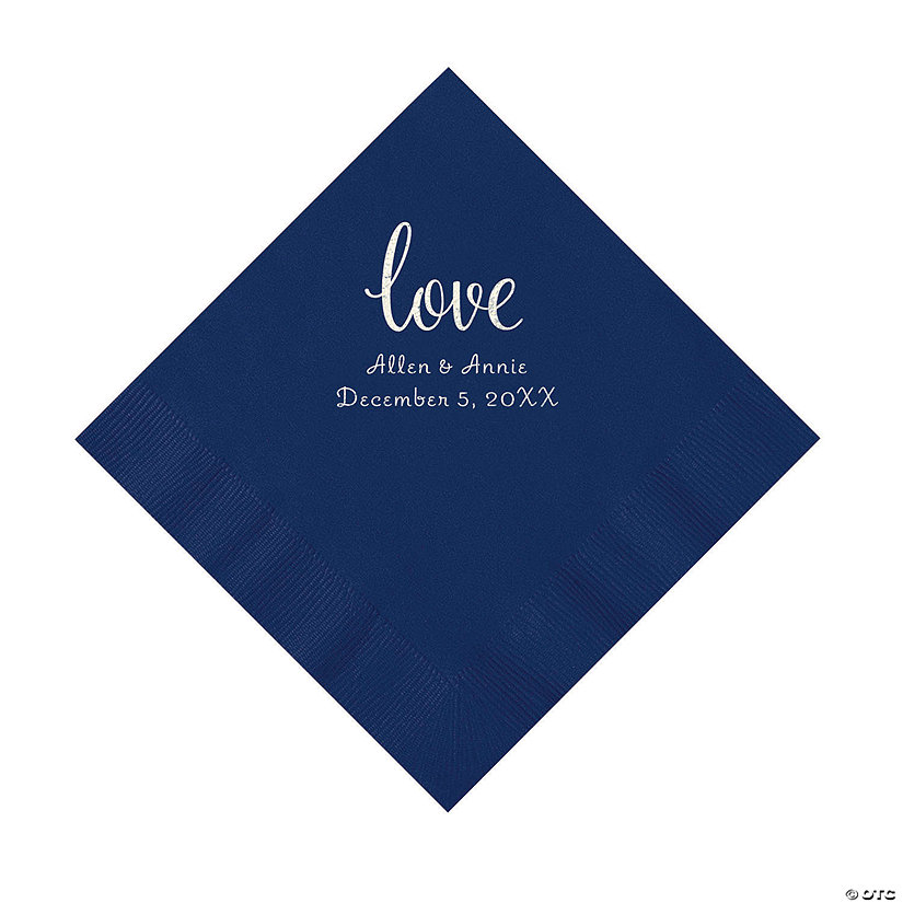 Navy Love Script Personalized Napkins with Silver Foil - Luncheon Image Thumbnail