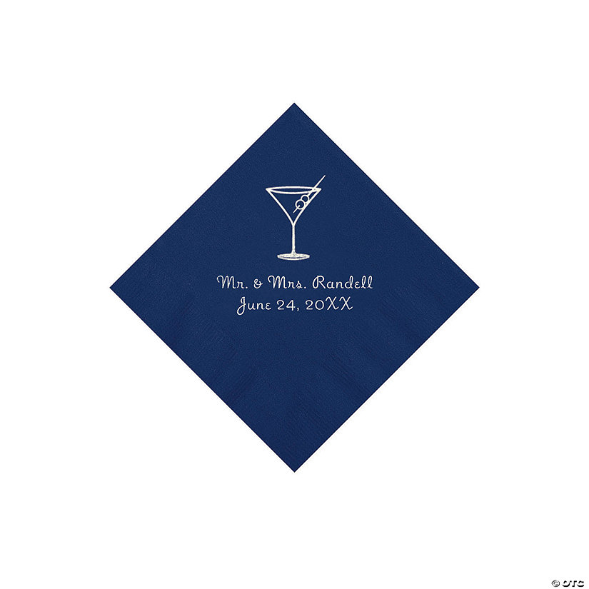 Navy Martini Glass Personalized Napkins with Silver Foil - Beverage Image Thumbnail