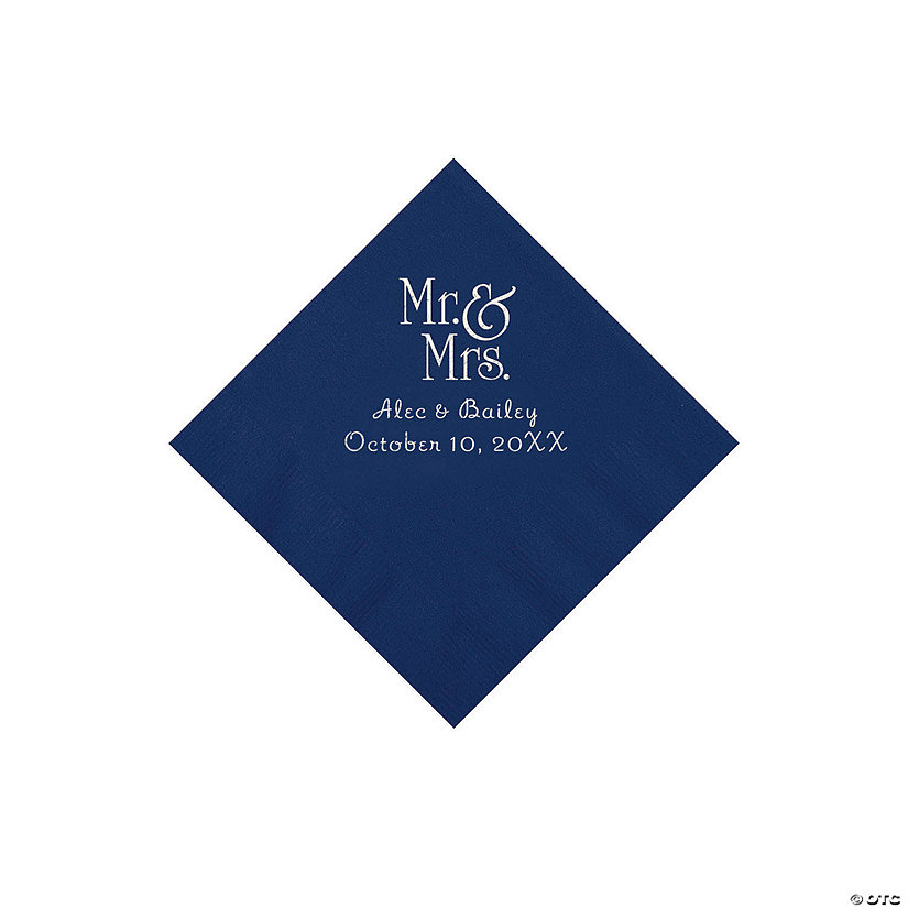 Navy Mr. & Mrs. Personalized Napkins with Silver Foil - 50 Pc. Beverage Image Thumbnail