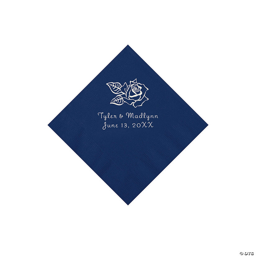 Navy Rose Personalized Napkins with Silver Foil - Beverage Image