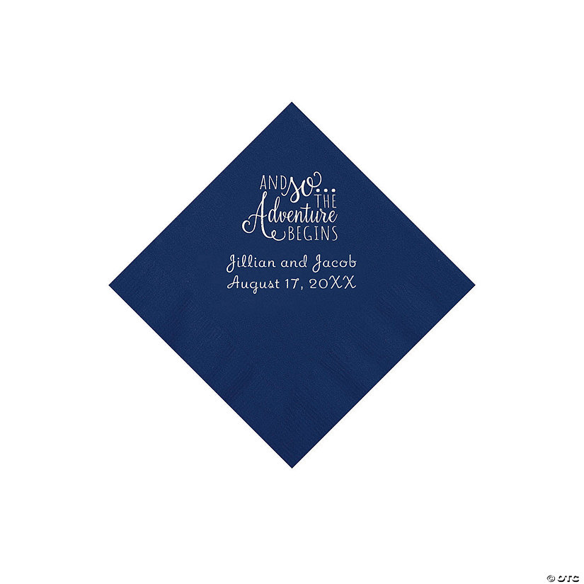 Navy The Adventure Begins Personalized Napkins with Silver Foil - Beverage Image Thumbnail