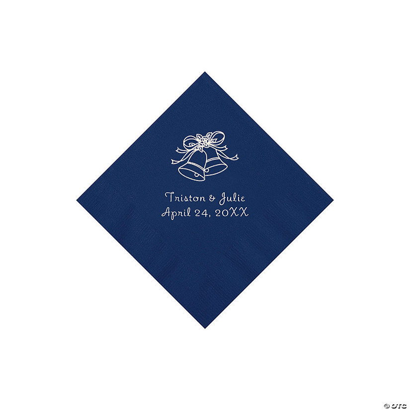 Navy Wedding Bells Personalized Napkins with Silver Foil - Beverage Image Thumbnail