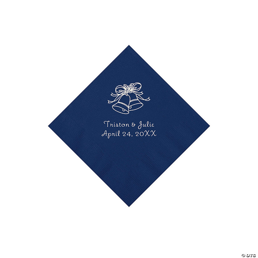 Navy Wedding Bells Personalized Napkins with Silver Foil - Beverage Image