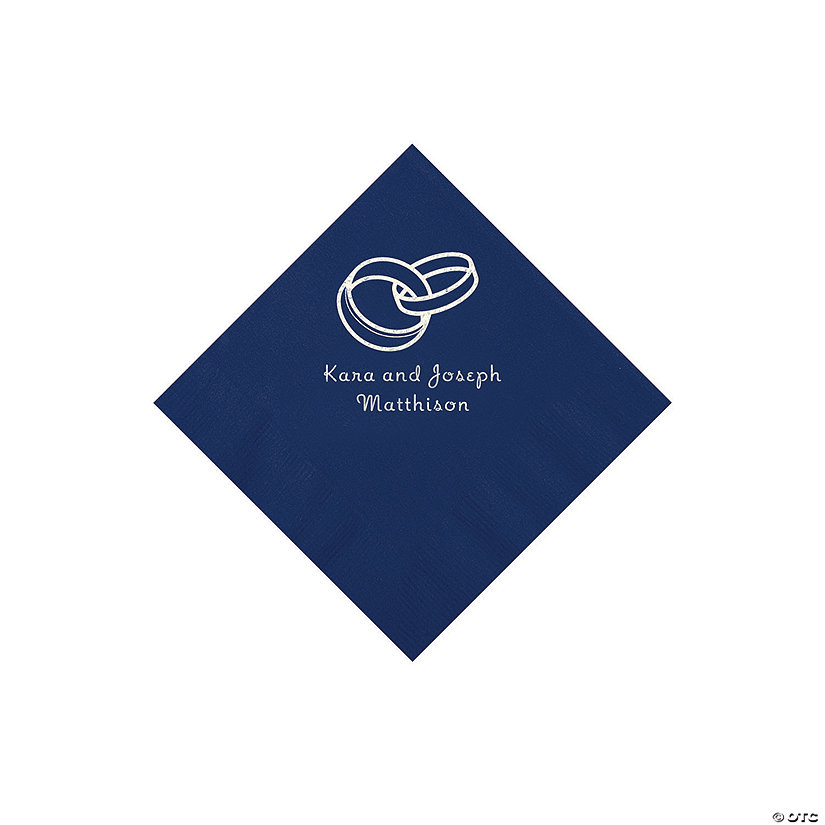 Navy Wedding Ring Personalized Napkins with Silver Foil - 50 Pc. Beverage Image
