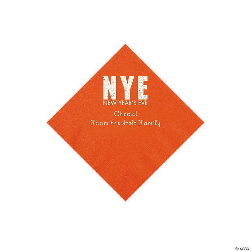 Orange New Year&#8217;s Eve Personalized Napkins with Silver Foil - Beverage Image Thumbnail