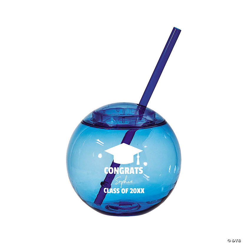 Personalized Blue Round Graduation Party Cups with Lids & Straws - 25 Pc. Image Thumbnail