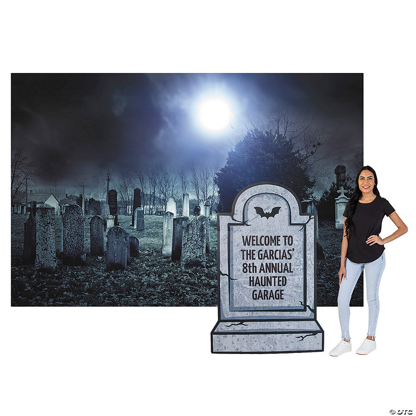 Personalized Cemetery Backdrop &amp; Tombstone Stand-up Kit - 2 Pc. Image