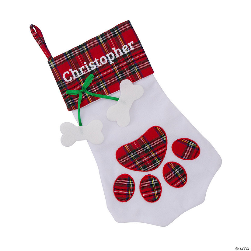 Personalized Christmas Red Plaid Pet Paw Print Stocking Image Thumbnail