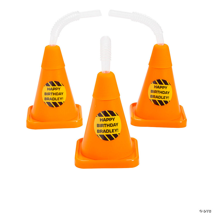 Personalized Construction Cone Plastic Cups with Lids & Straws 8 Ct