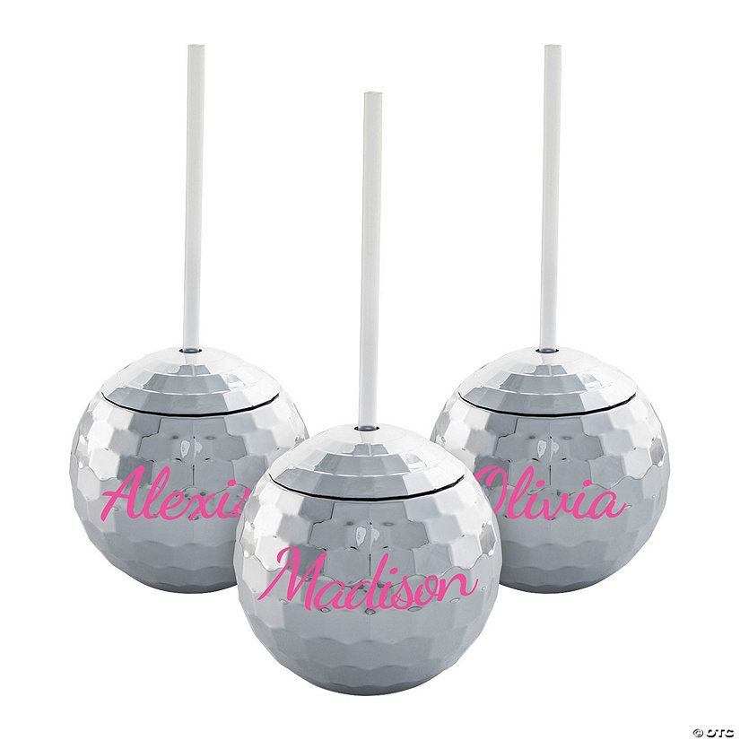 Personalized Disco BallShaped Plastic Cups with Straws 6 Pc