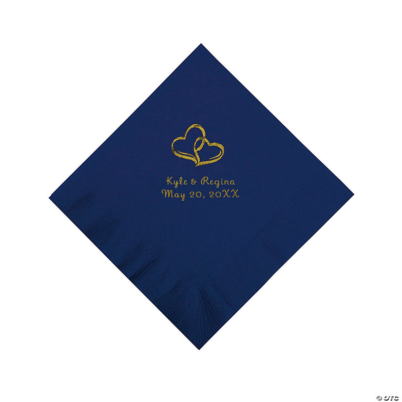 Personalized Gold Two Hearts Beverage Napkins - Navy Image Thumbnail