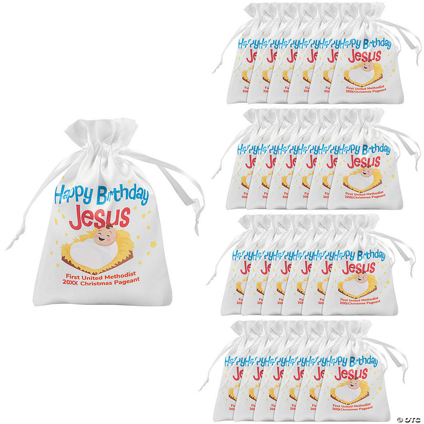 Personalized Happy Birthday Jesus Satin Drawstring Favor Bags - 24 Pc. Image Thumbnail