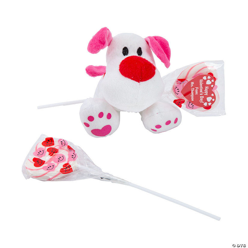 Personalized Heart-Shaped Lollipop Valentine Exchanges with Stuffed Dog for 12 Image