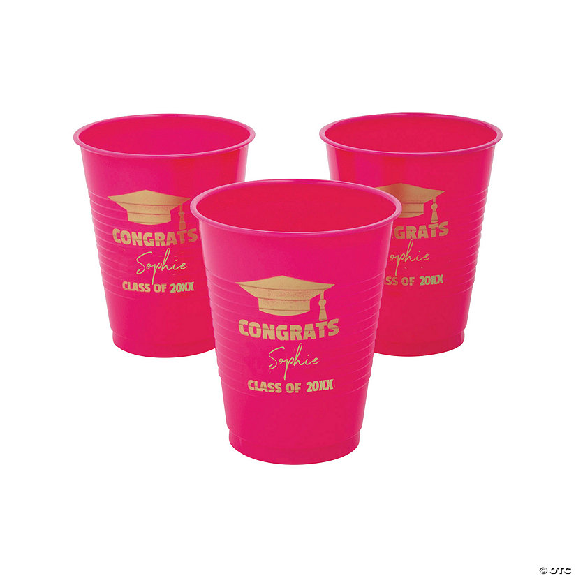 Personalized Hot Pink Graduation Disposable Plastic Cups - 40 Ct. Image Thumbnail