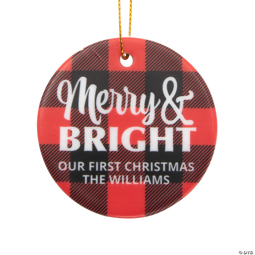 Personalized Merry & Bright Buffalo Plaid Ceramic Christmas Ornament Image Thumbnail