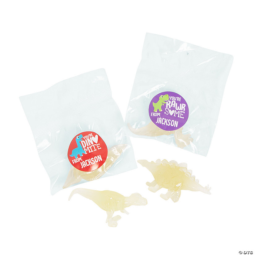 Personalized Mini Glow-in-the-Dark Squishy Dinosaur Valentine Exchanges with Sticker for 24 Image Thumbnail