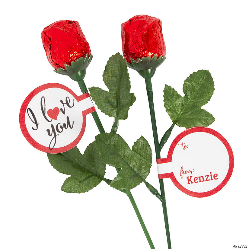 Personalized Mini Red Foil-Wrapped Chocolate Rose Handouts - Makes 12. Image